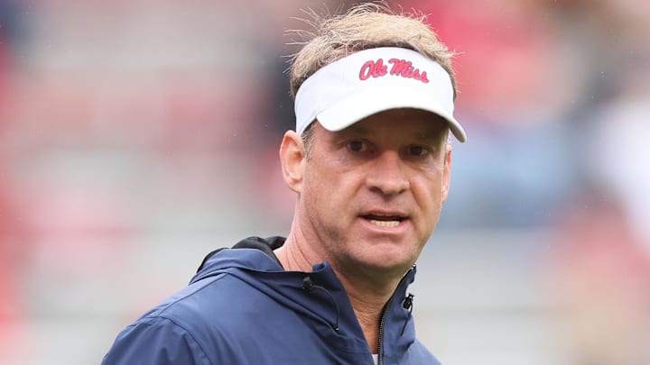 Ole Miss Rebels head coach Lane Kiffin prior to the game against the Arkansas Razorbacks at Donald W. Reynolds Razorback Stadium.