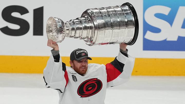 Jun 14, 2026; Las Vegas, Nevada, USA; Carolina Hurricanes goaltender Frederik Andersen (31) raises the Stanley Cup after defeating the Vegas Golden Knights in game six of the 2026 Stanley Cup Final at T-Mobile Arena. Mandatory Credit: Lucas Peltier-Imagn Images Jun 14, 2026; Las Vegas, Nevada, USA; Carolina Hurricanes goaltender Frederik Andersen (31) raises the Stanley Cup after defeating the Vegas Golden Knights in game six of the 2026 Stanley Cup Final at T-Mobile Arena. Mandatory Credit: Lucas Peltier-Imagn Images