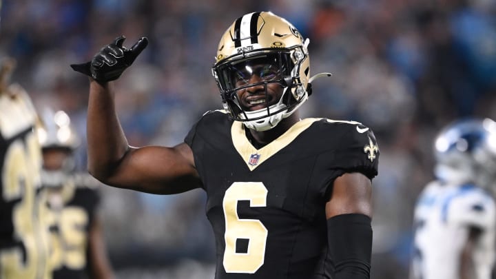 Sep 18, 2023; Charlotte, North Carolina, USA; New Orleans Saints safety Marcus Maye (6) reacts in the fourth quarter at Bank of America Stadium. Mandatory Credit: Bob Donnan-USA TODAY Sports