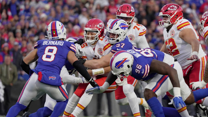 Buffalo Bills defensive end Joey Bosa sacks Kansas City Chiefs quarterback Patrick Mahomes with linebacker Terrel Bernard coming in to help during first half action against the Kansas City Chiefs at Highmark Stadium in Orchard Park on Nov. 2, 2025. | Tina MacIntyre-Yee/Democrat and Chronicle / USA TODAY NETWORK via Imagn Images