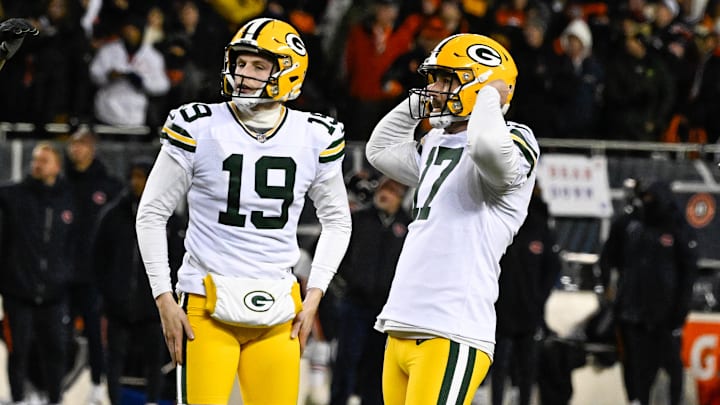 Jan 10, 2026; Chicago, IL, USA; in Green Bay Packers place kicker Brandon McManus (17) reacts after missing a field goal against the Chicago Bears during an NFC Wild Card Round game at Soldier Field. Mandatory Credit: Matt Marton-Imagn Images