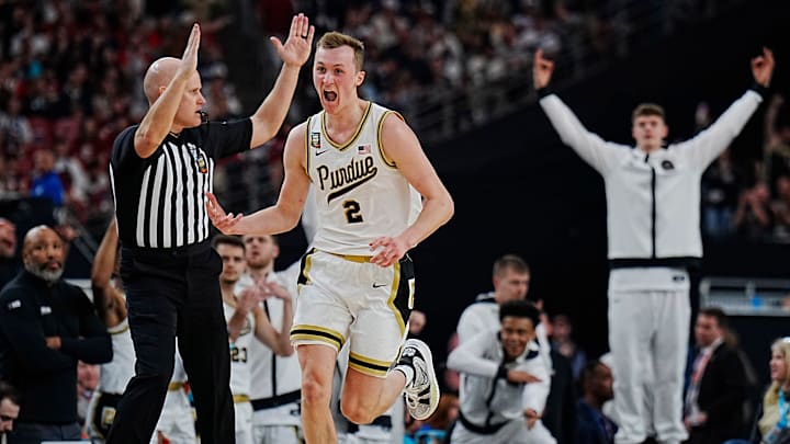 Purdue guard Fletcher Loyer (2) celebrates after a three point basket against North Carolina State 