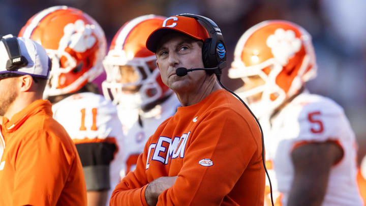 Dec 21, 2024; Austin, Texas, USA; Clemson Tigers head coach Dabo Swinney reacts against the Texas Longhorns during the CFP National playoff first round at Darrell K Royal-Texas Memorial Stadium. 