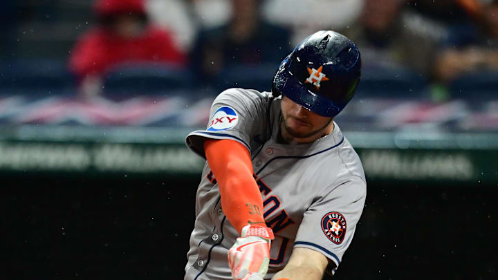 Houston Astros right fielder Kyle Tucker (30) hits a single during the eighth inning against the Cleveland Guardians at Progressive Field on Sept 27.