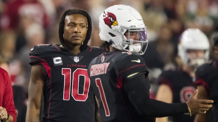 Oct 28, 2021; Glendale, Arizona, USA; Arizona Cardinals wide receiver DeAndre Hopkins (10) and quarterback Kyler Murray (1) against the Green Bay Packers at State Farm Stadium. Mandatory Credit: Mark J. Rebilas-Imagn Images