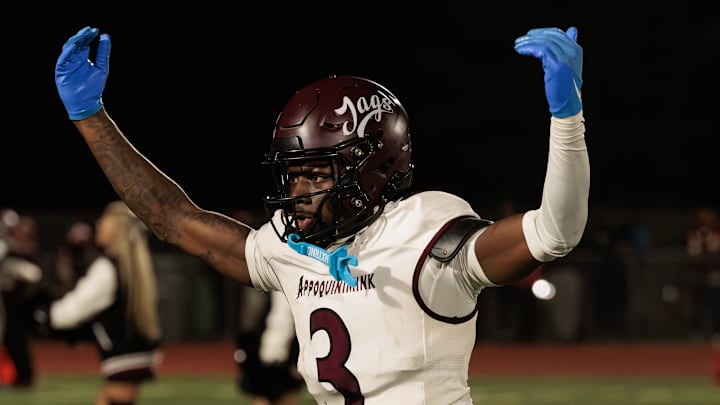 Appoquinimink receiver Jahsiear Rogers celebrates the Jaguars’ 17-14 overtime win over Caravel on Oct. 10, 2025 at Bob Peoples Stadium. Appoquinimink receiver Jahsiear Rogers celebrates the Jaguars’ 17-14 overtime win over Caravel on Oct. 10, 2025 at Bob Peoples Stadium.