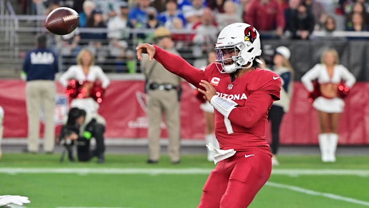 Jan 7, 2024; Glendale, Arizona, USA; Arizona Cardinals quarterback Kyler Murray (1) throws in the Jan 7, 2024; Glendale, Arizona, USA; Arizona Cardinals quarterback Kyler Murray (1) throws in the