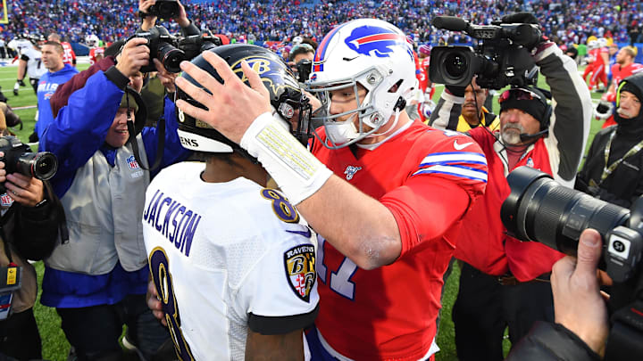 Dec 8, 2019; Orchard Park, NY, USA; Baltimore Ravens quarterback Lamar Jackson (8) greets Buffalo Bills quarterback Josh Allen (17) following the game at New Era Field. Mandatory Credit: Rich Barnes-Imagn Images