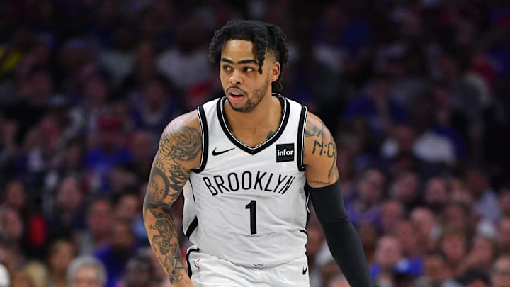 Apr 23, 2019; Philadelphia, PA, USA; Brooklyn Nets guard D'Angelo Russell (1) against the Philadelphia 76ers in game five of the first round of the 2019 NBA Playoffs at Wells Fargo Center. Mandatory Credit: Eric Hartline-Imagn Images Apr 23, 2019; Philadelphia, PA, USA; Brooklyn Nets guard D'Angelo Russell (1) against the Philadelphia 76ers in game five of the first round of the 2019 NBA Playoffs at Wells Fargo Center. Mandatory Credit: Eric Hartline-Imagn Images