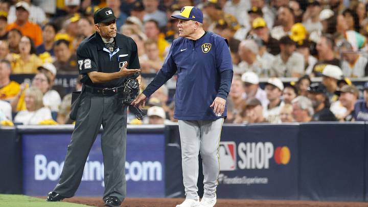 Oct 6, 2026; San Diego, California, USA; Milwaukee Brewers manager Pat Murphy (49) argues a call with umpire Alfonso Márquez (72) during the seventh inning against the San Diego Padres in game three of the NLDS for the 2026 MLB Playoffs at Petco Park. Mandatory Credit: David Frerker-Imagn Images Oct 6, 2026; San Diego, California, USA; Milwaukee Brewers manager Pat Murphy (49) argues a call with umpire Alfonso Márquez (72) during the seventh inning against the San Diego Padres in game three of the NLDS for the 2026 MLB Playoffs at Petco Park. Mandatory Credit: David Frerker-Imagn Images