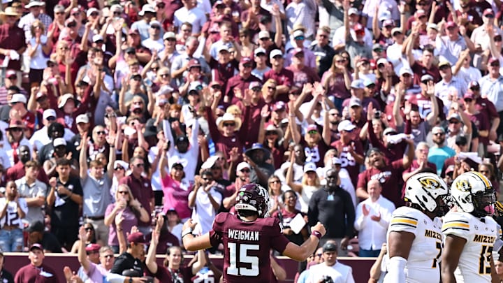 Oct 5, 2024; College Station, Texas, USA; Texas A&M Aggies QB Conner Weigman (15) reacts after handing off the ball for a touchdown in the first quarter vs. Mizzou Oct 5, 2024; College Station, Texas, USA; Texas A&M Aggies QB Conner Weigman (15) reacts after handing off the ball for a touchdown in the first quarter vs. Mizzou