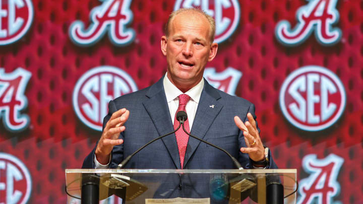 Jul 16, 2025; Atlanta, GA, USA; University of Alabama head coach Kalen DeBoer talks to the media during the SEC Media Days at Omni Atlanta Hotel. Mandatory Credit: Jordan Godfree-Imagn Images Jul 16, 2025; Atlanta, GA, USA; University of Alabama head coach Kalen DeBoer talks to the media during the SEC Media Days at Omni Atlanta Hotel. Mandatory Credit: Jordan Godfree-Imagn Images