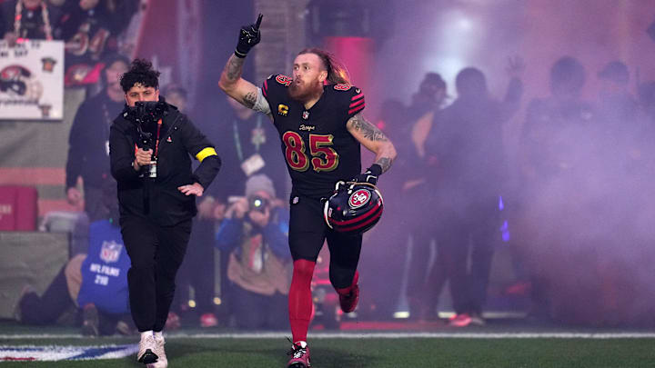 Jan 3, 2026; Santa Clara, California, USA; San Francisco 49ers tight end George Kittle (85) takes the field before the game at Levi's Stadium. Mandatory Credit: Neville E. Guard-Imagn Images Jan 3, 2026; Santa Clara, California, USA; San Francisco 49ers tight end George Kittle (85) takes the field before the game at Levi's Stadium. Mandatory Credit: Neville E. Guard-Imagn Images