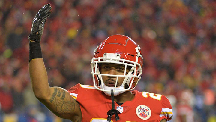 Jan 12, 2019; Kansas City, MO, USA; Kansas City Chiefs cornerback Steven Nelson (20) motions to the crowd in an AFC Divisional playoff football game against the Indianapolis Colts at Arrowhead Stadium. Mandatory Credit: Denny Medley-Imagn Images