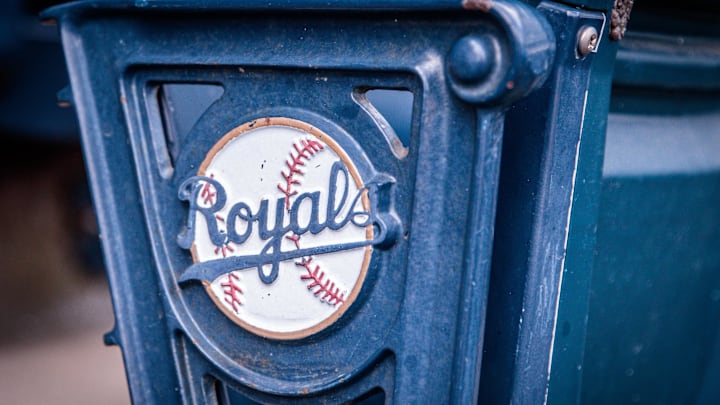 Apr 16, 2023; Kansas City, Missouri, USA; Logo on stadium seats prior to the game between the Kansas City Royals and the Atlanta Braves at Kauffman Stadium. Mandatory Credit: William Purnell-Imagn Images