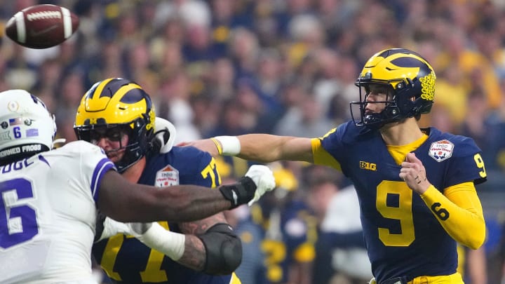December 31, 2022, 2022; Glendale, Ariz; USA; Michigan quarterback JJ McCarthy (9) throws a pass
