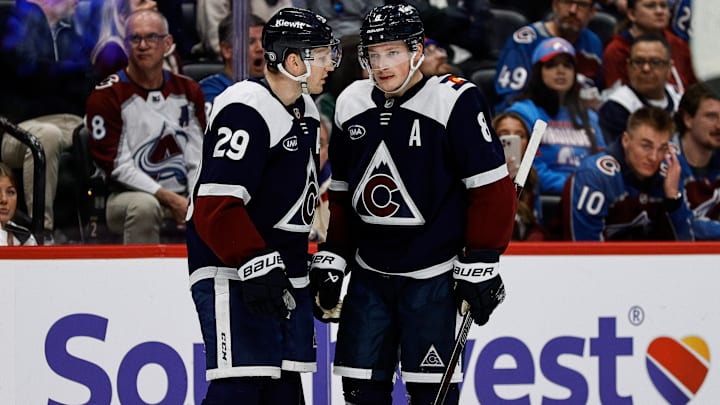 Mar 16, 2025; Denver, Colorado, USA; Colorado Avalanche center Nathan MacKinnon (29) and defenseman Cale Makar (8) in the second period against the Dallas Stars at Ball Arena. Mandatory Credit: Isaiah J. Downing-Imagn Images