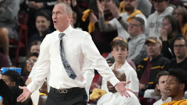 Arizona State Sun Devils head coach Bobby Hurley reacts to a call during a Big 12 men's basketball game against the Arizona Wildcats at Desert Financial Arena.