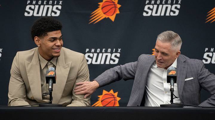 Koa Peat (left) with Suns GM Brian Gregory during an introductory press conference at the Verizon 5G Performance Center, in Phoenix, on June 26, 2026. Koa Peat (left) with Suns GM Brian Gregory during an introductory press conference at the Verizon 5G Performance Center, in Phoenix, on June 26, 2026.