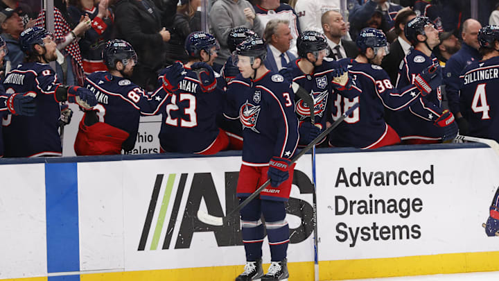 Mar 29, 2026; Columbus, Ohio, USA; Columbus Blue Jackets center Charlie Coyle (3) celebrates his goal against the Boston Bruins during the first period at Nationwide Arena. Mandatory Credit: Russell LaBounty-Imagn Images