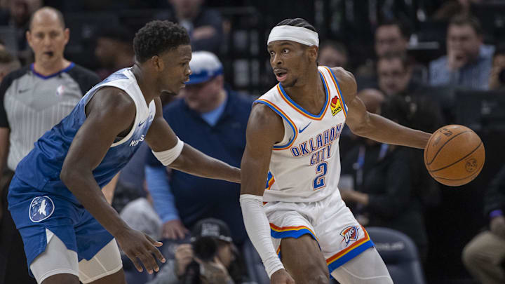 Jan 20, 2024; Minneapolis, Minnesota, USA; Oklahoma City Thunder guard Shai Gilgeous-Alexander (2)