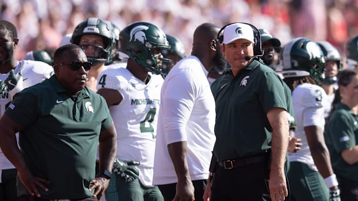 Oct 4, 2025; Lincoln, Nebraska, USA; Michigan State Spartans Head Coach Jonathan Smith during the first half of the game against Nebraska at Memorial Stadium. Mandatory Credit: Kylie Graham-Imagn Images