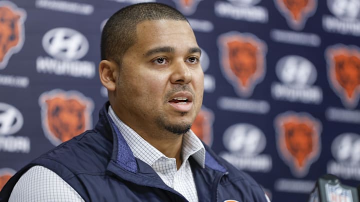 Mar 16, 2023; Lake Forest, IL, USA; Chicago Bears general manager Ryan Poles speaks during a press conference at Halas Hall. Mandatory Credit: Kamil Krzaczynski-Imagn Images Mar 16, 2023; Lake Forest, IL, USA; Chicago Bears general manager Ryan Poles speaks during a press conference at Halas Hall. Mandatory Credit: Kamil Krzaczynski-Imagn Images