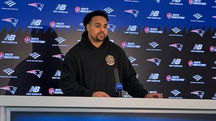 New England Patriots offensive guard Alijah Vera-Tucker speaking to the media following voluntary offseason workouts.