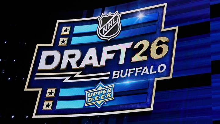 Jun 26, 2026; Buffalo, New York, USA; The logo for the NHL draft during the first round at KeyBank Center. Mandatory Credit: Timothy T. Ludwig-Imagn Images