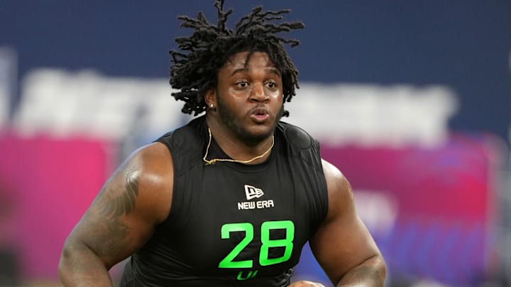 Mar 2, 2025; Indianapolis, IN, USA; Missouri offensive lineman Armand Membou (OL28) during the 2025 NFL Scouting Combine at Lucas Oil Stadium. Mandatory Credit: Kirby Lee-Imagn Images Mar 2, 2025; Indianapolis, IN, USA; Missouri offensive lineman Armand Membou (OL28) during the 2025 NFL Scouting Combine at Lucas Oil Stadium. Mandatory Credit: Kirby Lee-Imagn Images