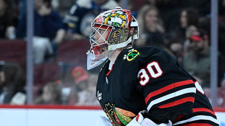 Jan 30, 2026; Chicago, Illinois, USA;  Chicago Blackhawks goaltender Spencer Knight (30) during the first period against the Columbus Blue Jackets at the United Center. Mandatory Credit: Matt Marton-Imagn Images