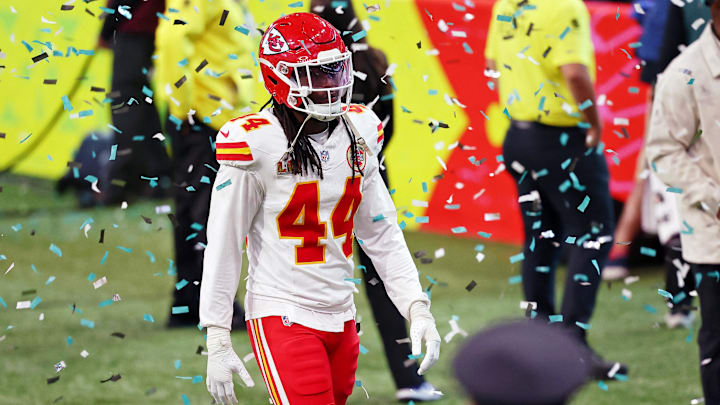 Feb 9, 2025; New Orleans, LA, USA; Kansas City Chiefs linebacker Cam Jones (44) walks off the field after losing against the Philadelphia Eagles in Super Bowl LIX at Caesars Superdome. Mandatory Credit: Bill Streicher-Imagn Images