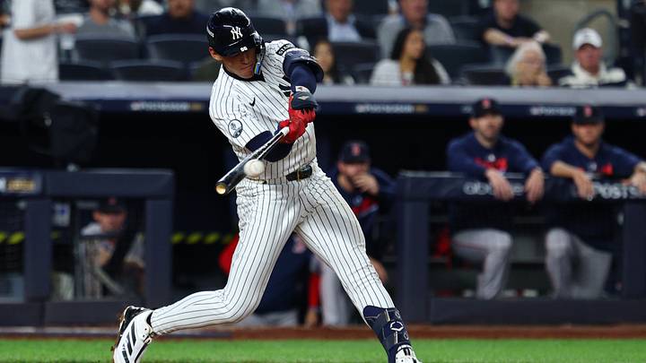 Sep 30, 2026; Bronx, New York, USA; New York Yankees shortstop George Lombard Jr. (96) singles in the sixth inning against the Boston Red Sox during game two of the Wildcard round for the 2026 MLB Playoffs at Yankee Stadium. Mandatory Credit: Vincent Carchietta-Imagn Images Sep 30, 2026; Bronx, New York, USA; New York Yankees shortstop George Lombard Jr. (96) singles in the sixth inning against the Boston Red Sox during game two of the Wildcard round for the 2026 MLB Playoffs at Yankee Stadium. Mandatory Credit: Vincent Carchietta-Imagn Images