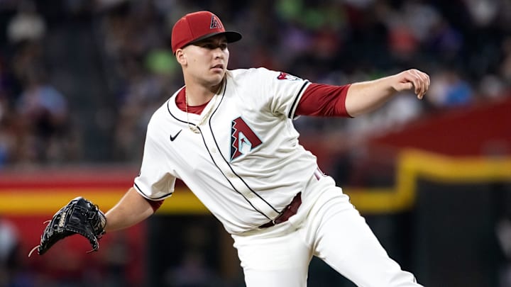 Sep 16, 2025; Phoenix, Arizona, USA; Arizona Diamondbacks pitcher Brandyn Garcia against the San Francisco Giants at Chase Field. Mandatory Credit: Mark J. Rebilas-Imagn Images Sep 16, 2025; Phoenix, Arizona, USA; Arizona Diamondbacks pitcher Brandyn Garcia against the San Francisco Giants at Chase Field. Mandatory Credit: Mark J. Rebilas-Imagn Images