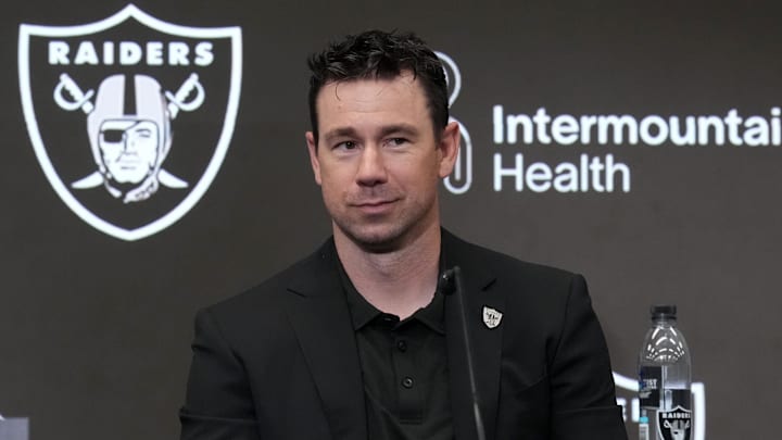 Apr 24, 2026; Henderson, NV, USA; Las Vegas Raiders coach Klint Kubiak at press conference at Intermountain Health Performance Center. Mandatory Credit: Kirby Lee-Imagn Images