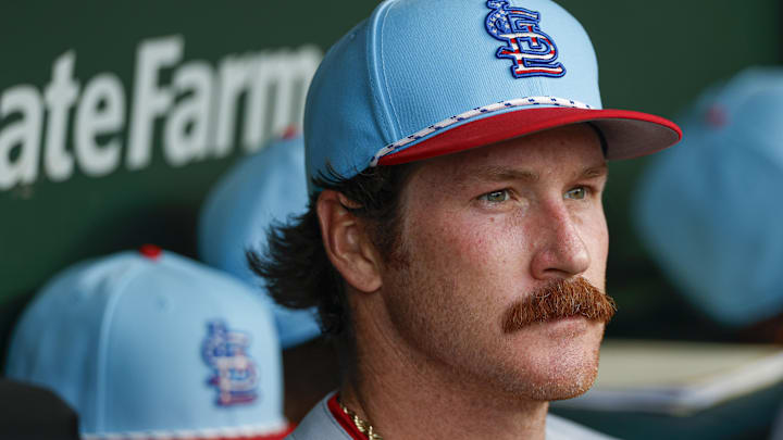 Jul 4, 2025; Chicago, Illinois, USA; St. Louis Cardinals starting pitcher Miles Mikolas (39) sits in the dugout during the fifth inning at Wrigley Field. Mandatory Credit: Kamil Krzaczynski-Imagn Images