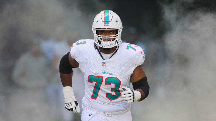 Miami Dolphins guard Austin Jackson (73) enters the field to take on the New York Jets at Hard Rock Stadium. Miami Dolphins guard Austin Jackson (73) enters the field to take on the New York Jets at Hard Rock Stadium.