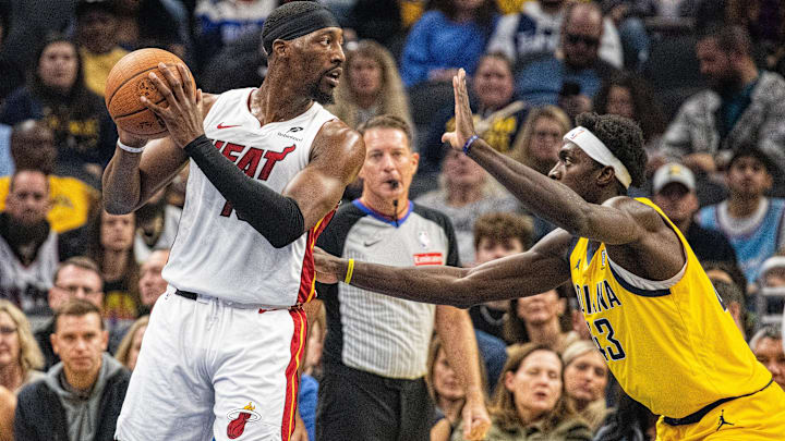 Nov 15, 2024; Indianapolis, Indiana, USA; Miami Heat center Bam Adebayo (13) holds the ball while Indiana Pacers forward Pascal Siakam (43) defends in the first half at Gainbridge Fieldhouse. Mandatory Credit: Trevor Ruszkowski-Imagn Images Nov 15, 2024; Indianapolis, Indiana, USA; Miami Heat center Bam Adebayo (13) holds the ball while Indiana Pacers forward Pascal Siakam (43) defends in the first half at Gainbridge Fieldhouse. Mandatory Credit: Trevor Ruszkowski-Imagn Images