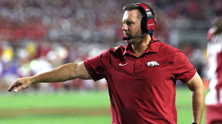 Arkansas Razorbacks head coach Ryan Silverfield during the first half against the Tulsa Golden Hurricanes at Razorback Stadium. Arkansas Razorbacks head coach Ryan Silverfield during the first half against the Tulsa Golden Hurricanes at Razorback Stadium.