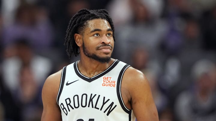 Nov 24, 2024; Sacramento, California, USA; Brooklyn Nets guard Cam Thomas (24) during the first quarter against the Sacramento Kings at Golden 1 Center. Mandatory Credit: Darren Yamashita-Imagn Images