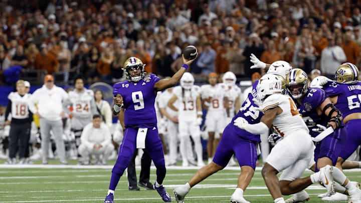Jan 1, 2024; New Orleans, LA, USA; Washington Huskies quarterback Michael Penix Jr. (9) passes the ball against the Texas Longhorns during the second half of the 2024 Sugar Bowl college football playoff semifinal game at Caesars Superdome. Mandatory Credit: Geoff Burke-Imagn Images