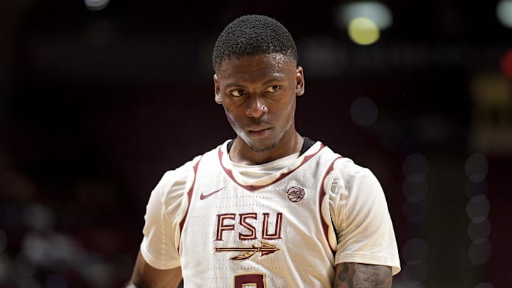 Jan 4, 2025; Tallahassee, Florida, USA; Florida State Seminoles guard Chandler Jackson (0) reacts during the first half against the Syracuse Orange at Donald L. Tucker Center. Mandatory Credit: Melina Myers-Imagn Images