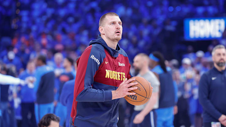 May 18, 2025; Oklahoma City, Oklahoma, USA; Denver Nuggets center Nikola Jokic (15) warms up before game seven of the second round against the Oklahoma City Thunder for the 2025 NBA Playoffs at Paycom Center. Mandatory Credit: Alonzo Adams-Imagn Images