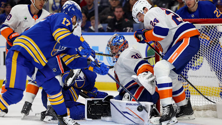 Mar 31, 2026; Buffalo, New York, USA; New York Islanders goaltender Ilya Sorokin (30) makes a pad save on Buffalo Sabres left wing Jason Zucker (17) during the second period at KeyBank Center. Mandatory Credit: Timothy T. Ludwig-Imagn Images Mar 31, 2026; Buffalo, New York, USA; New York Islanders goaltender Ilya Sorokin (30) makes a pad save on Buffalo Sabres left wing Jason Zucker (17) during the second period at KeyBank Center. Mandatory Credit: Timothy T. Ludwig-Imagn Images