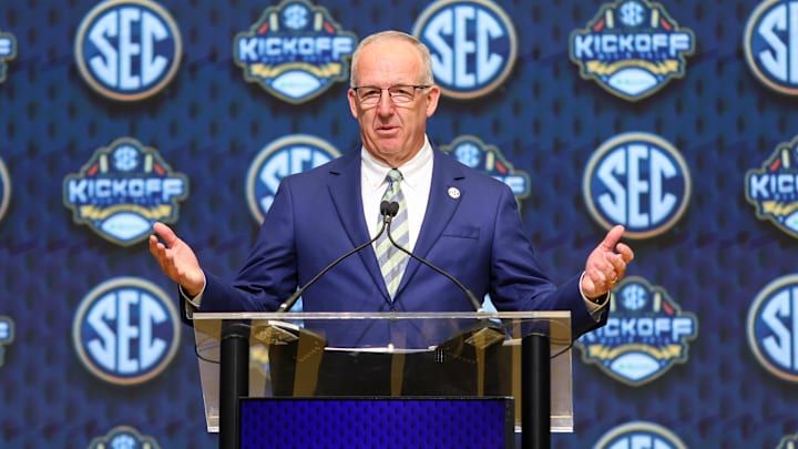 Jul 16, 2025; Atlanta, GA, USA; SEC commissioner Greg Sankey speaks to the media during the SEC Media Day at Omni Atlanta Hotel. Mandatory Credit: Jordan Godfree-Imagn Images Jul 16, 2025; Atlanta, GA, USA; SEC commissioner Greg Sankey speaks to the media during the SEC Media Day at Omni Atlanta Hotel. Mandatory Credit: Jordan Godfree-Imagn Images