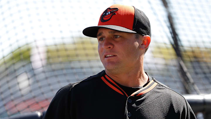 Mar 13, 2014; Tampa, FL, USA; Baltimore Orioles infielder Buck Britton (88) works out prior to the game against the New York Yankees at George M. Steinbrenner Field