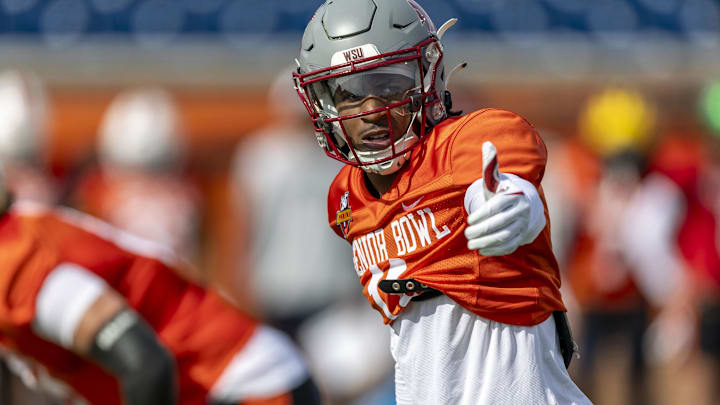 National team wide receiver Kyle Williams of Washington State sets up at the line during Senior Bowl practice. National team wide receiver Kyle Williams of Washington State sets up at the line during Senior Bowl practice.