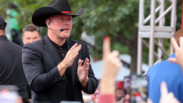 Pat McAfee takes the stage at ESPN College GameDay ahead of the University of Oklahoma-Michigan College football game on Sep 6, 2025 in Norman.