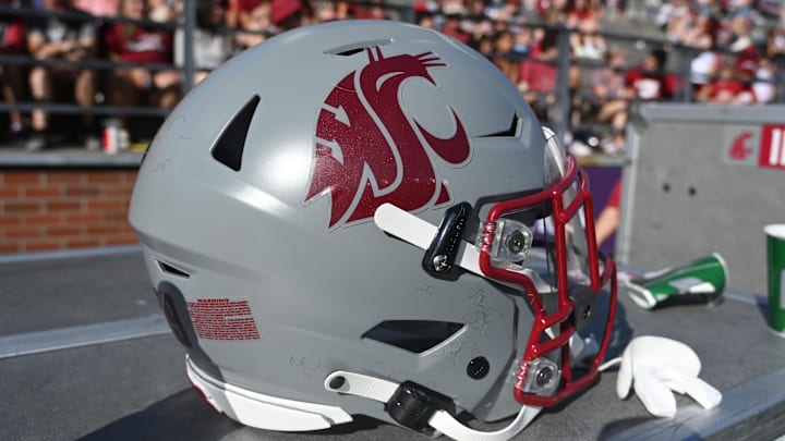 Sep 16, 2023; Pullman, Washington, USA; Washington State Cougars helmet sits during a game against the Northern Colorado Bears in the second half at Gesa Field at Martin Stadium. Mandatory Credit: James Snook-Imagn Images