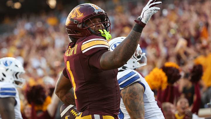Minnesota Golden Gophers running back Darius Taylor (1) celebrates his rushing touchdown.